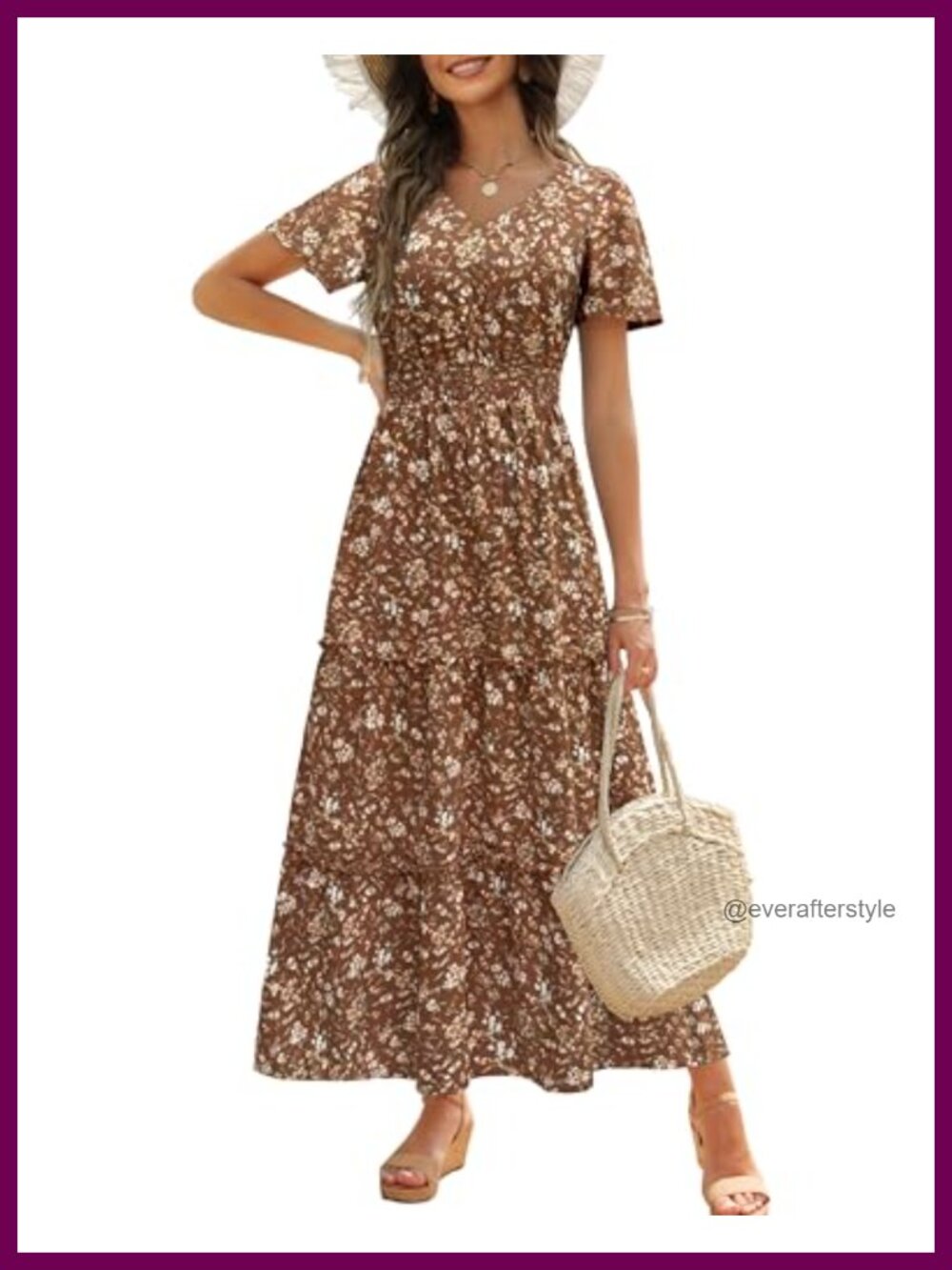 Womens Floral Maxi Dress Short Flutter Sleeve Smocked Vneck A-Line